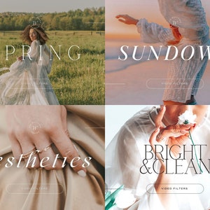 Puede incluir: Un collage de cuatro im&aacute;genes con el texto "SPRING", "SUNDOWN", "aesthetics" y "BRIGHT & CLEAN" en texto blanco sobre un fondo claro. Cada imagen presenta a una persona con un vestido o camisa blanca, con el texto superpuesto en la imagen.