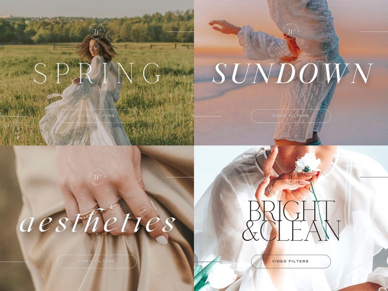 Puede incluir: Un collage de cuatro im&aacute;genes con el texto "SPRING", "SUNDOWN", "aesthetics" y "BRIGHT & CLEAN" en texto blanco sobre un fondo claro. Cada imagen presenta a una persona con un vestido o camisa blanca, con el texto superpuesto en la imagen.