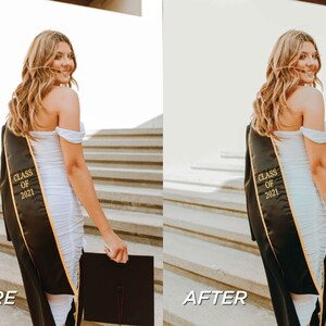 May include: A woman in a white off-the-shoulder dress and a black graduation sash with gold text that reads "Class of 2021". She is holding a black graduation cap and standing on outdoor stairs.