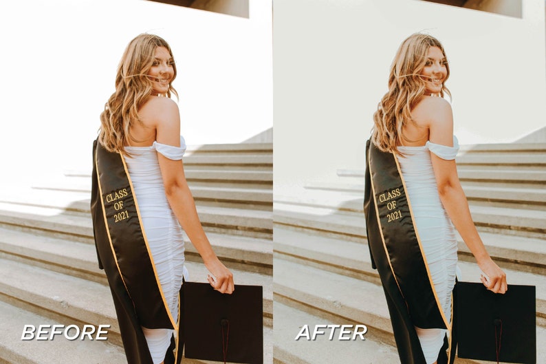 May include: A woman in a white off-the-shoulder dress and a black graduation sash with gold text that reads "Class of 2021". She is holding a black graduation cap and standing on outdoor stairs.