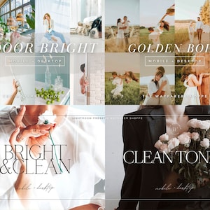 Puede incluir: Un collage de im&aacute;genes de estilo de vida con superposiciones de texto. El texto incluye "INDOOR BRIGHT", "GOLDEN BOHO", "BRIGHT & CLEAN" y "CLEAN TONES". Las im&aacute;genes presentan escenas con personas, flores y elementos de dise&ntilde;o de interiores.