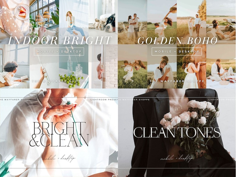Puede incluir: Un collage de im&aacute;genes de estilo de vida con superposiciones de texto. El texto incluye "INDOOR BRIGHT", "GOLDEN BOHO", "BRIGHT & CLEAN" y "CLEAN TONES". Las im&aacute;genes presentan escenas con personas, flores y elementos de dise&ntilde;o de interiores.