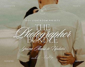 May include: A digital product graphic featuring the text 350+ LIGHTROOM PRESETS THE Photographer BUNDLE Lifetime Access to Updates mobile + desktop. The background shows a person in a light beige shirt embracing another person on a beach.