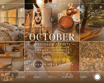 May include: A digital collage of autumn-themed photographs featuring a bedroom, a dog in fallen leaves, a chocolate cake, a forest path, and a coffee shop. The text reads OCTOBER LIGHTROOM PRESETS MOBILE + DESKTOP ELEVATE YOUR PHOTOS.