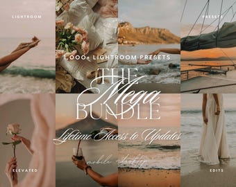 May include: A digital collection of 1,000+ Lightroom presets for mobile and desktop, featuring lifetime access to updates. The collage displays various lifestyle images including beach scenes, flowers, and wine, with text overlays reading The Mega Bundle.