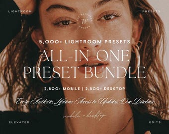 Puede incluir: Un anuncio de producto digital para un paquete de ajustes preestablecidos de Lightroom con el texto: 5,000+ LIGHTROOM PRESETS, ALL-IN-ONE PRESET BUNDLE, 2,500+ MOBILE | 2,500+ DESKTOP, Every Aesthetic, Lifetime Access to Updates, One Purchase.