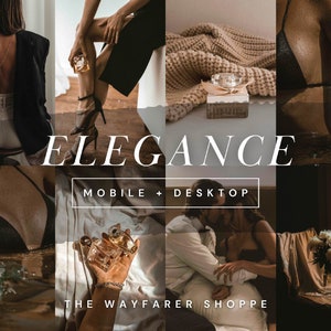 Peut inclure: Un collage d'images mettant en scène divers éléments de style de vie et de mode. Les images comprennent une femme portant un blazer noir, un couple qui s'embrasse, un flacon de parfum, une couverture en tricot et une femme en maillot de bain. Le texte "Elegance Mobile + Desktop The Wayfarer Shoppe" est affiché sur le collage.