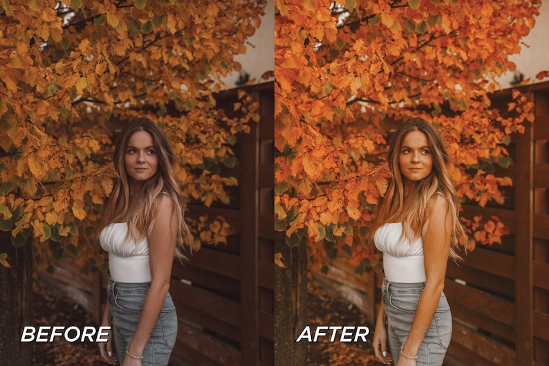 May include: A split-screen comparison showing a white tube top and blue jeans before and after a photo editing filter is applied. The image features a person standing in front of a tree with orange autumn leaves and a brown wooden fence.