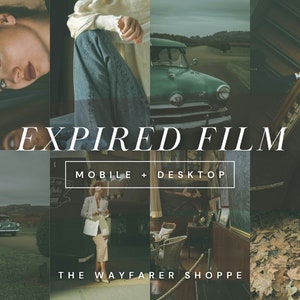May include: A collage of images with a vintage aesthetic, featuring a woman, a green car, and interior scenes. Text overlay reads "EXPIRED FILM" with "MOBILE + DESKTOP" and "THE WAYFARER SHOPPE" below.