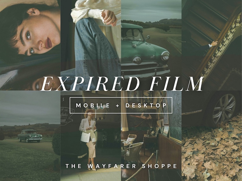 May include: A collage of images with a vintage aesthetic, featuring a woman, a green car, and interior scenes. Text overlay reads "EXPIRED FILM" with "MOBILE + DESKTOP" and "THE WAYFARER SHOPPE" below.