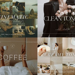 Może przedstawiać: Kolaż zdjęć z nakładkami tekstowymi. Wyświetlane są słowa "CINEMATIC", "CLEAN TONES", "COFFEE" i "CREAMY TONES". Zdjęcia przedstawiają sceny z ludźmi, krajobrazami i produktami. Wyświetlane są r&oacute;wnież The Wayfarer Shoppe i Lightroom Preset.