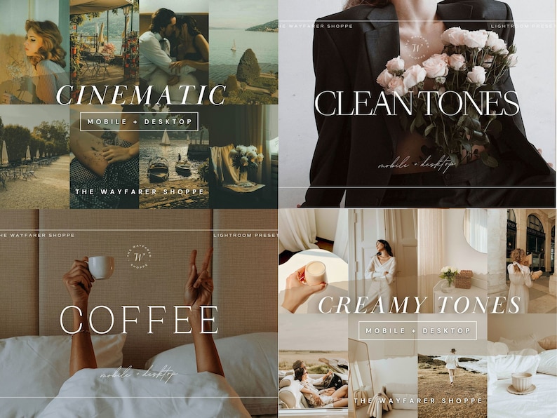 Może przedstawiać: Kolaż zdjęć z nakładkami tekstowymi. Wyświetlane są słowa "CINEMATIC", "CLEAN TONES", "COFFEE" i "CREAMY TONES". Zdjęcia przedstawiają sceny z ludźmi, krajobrazami i produktami. Wyświetlane są r&oacute;wnież The Wayfarer Shoppe i Lightroom Preset.
