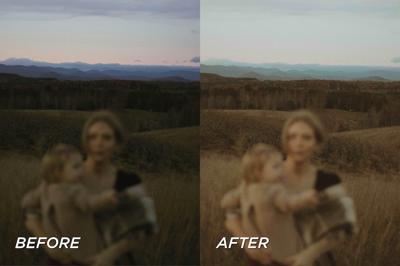 May include: Image comparison showing a landscape before and after photo editing. The 'Before' image has a darker, more muted color palette. The 'After' image is brighter with enhanced colors. The text 'BEFORE' and 'AFTER' are at the bottom.
