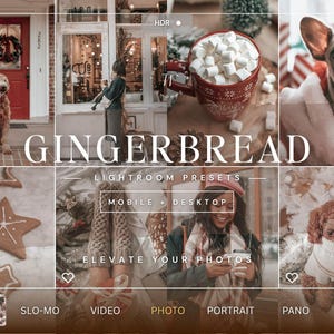 Op de afbeelding: Een digitale collage van vakantiefoto's met een hond bij een rode deur, een rode mok met marshmallows, een Franse bulldog, stervormige koekjes, gebreide sokken en een persoon die een beker vasthoudt, met de tekst GINGERBREAD LIGHTROOM PRESETS.