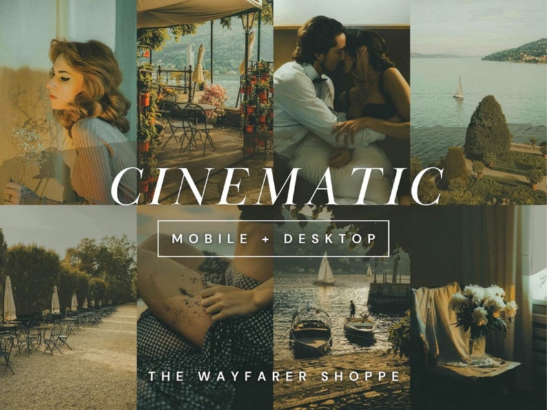 May include: A collage of scenic photographs with a cinematic aesthetic. The images include a woman, a couple embracing, a lake with a sailboat, and outdoor cafe scenes. Text reads "CINEMATIC" and "MOBILE + DESKTOP".