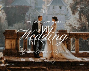 May include: A digital product advertisement for 400+ Lightroom Presets titled The Wedding Bundle with Lifetime Access to Updates. The image features a couple in formal wedding attire standing on a stone terrace with a castle in the background.