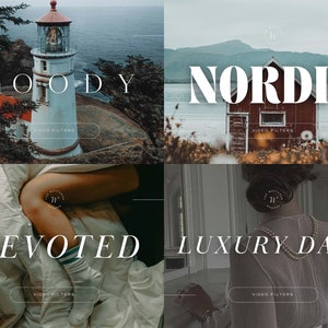 May include: A collage of four images showcasing different video filter styles: Moody, Nordic, Devoted, and Luxury Dark. Each image features a unique scene and the text "VIDEO FILTERS" appears in a white rectangle.