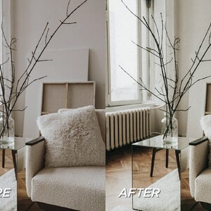 May include: A living room scene with a clear glass vase holding bare branches, placed on a mirrored side table. A fluffy, cream-colored pillow rests on a matching armchair. The image has a soft, neutral color palette.