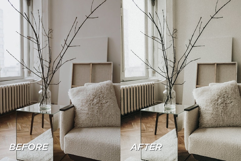 May include: A living room scene with a clear glass vase holding bare branches, placed on a mirrored side table. A fluffy, cream-colored pillow rests on a matching armchair. The image has a soft, neutral color palette.