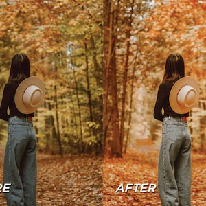 May include: A split-screen comparison showing a person from behind wearing a black long-sleeved shirt, blue denim jeans, and a beige wide-brimmed hat. The left side is labeled BEFORE and the right side is labeled AFTER, displaying a forest background.