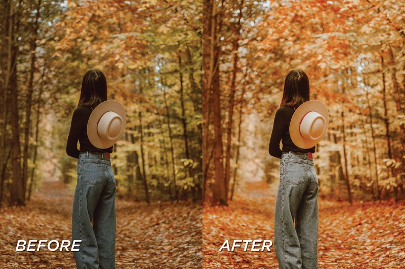 May include: A split-screen comparison showing a person from behind wearing a black long-sleeved shirt, blue denim jeans, and a beige wide-brimmed hat. The left side is labeled BEFORE and the right side is labeled AFTER, displaying a forest background.