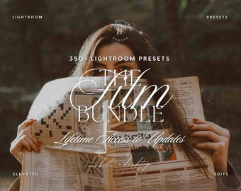 May include: A digital product advertisement for 350+ Lightroom Presets titled The Film Bundle. The graphic features text overlays including Lightroom, Presets, The Film Bundle, and Lifetime Access to Updates, displayed over a newspaper background.