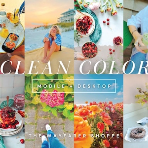 以下が含まれることがあります： 食べ物、飲み物、花をフィーチャーしたライフスタイル画像のコラージュ。画像には、さくらんぼ、パンケーキ、カクテル、ビーチにいる人が含まれています。画像上のテキストは「CLEAN COLOR」と「MOBILE + DESKTOP」です。The Wayfarer Shoppeも言及されています。