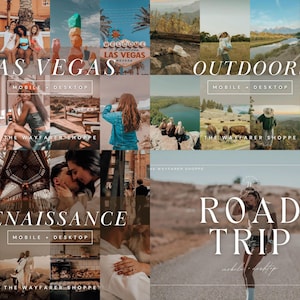 May include: A montage of photographs with text overlays, including "Las Vegas," "Outdoors," "Renaissance," and "Road Trip." Each theme showcases several images, with text indicating "Mobile + Desktop" presets. "The Wayfarer Shoppe" is also referenced.