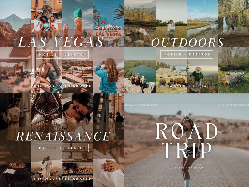 May include: A montage of photographs with text overlays, including "Las Vegas," "Outdoors," "Renaissance," and "Road Trip." Each theme showcases several images, with text indicating "Mobile + Desktop" presets. "The Wayfarer Shoppe" is also referenced.