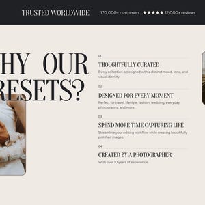 Może przedstawiać: Strona internetowa z tekstem "WHY OUR PRESETS?" i szczeg&oacute;łami dotyczącymi ustawień wstępnych edycji zdjęć. Strona zawiera frazy "TRUSTED WORLDWIDE", "THOUGHTFULLY CURATED", "DESIGNED FOR EVERY MOMENT" i "CREATED BY A PHOTOGRAPHER". Po prawej stronie znajduje się zdjęcie całującej się pary.