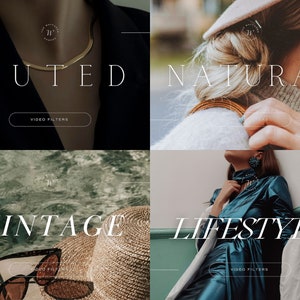 May include: A collage of four images showcasing different video filter styles: "Muted", "Natural", "Vintage", and "Lifestyle". Each image features a person with a unique style and setting, representing the filter's aesthetic.