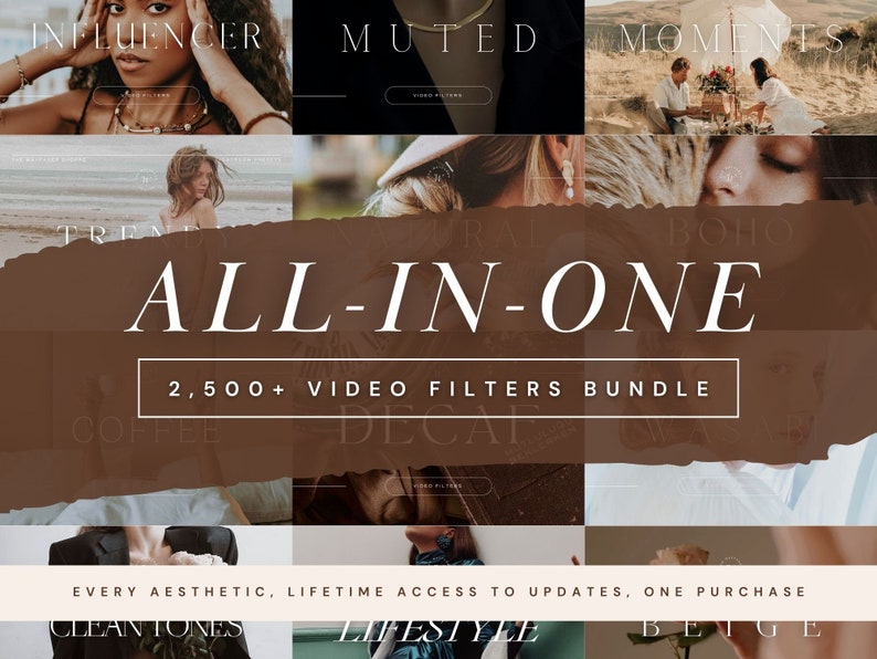 May include: A collage of images showcasing a bundle of over 2,500 video filters. The text "ALL-IN-ONE" is displayed in a large white font on a brown background. The text "2,500+ VIDEO FILTERS BUNDLE" is displayed in a smaller white font below the larger text. The collage includes images of people, nature, and coffee.