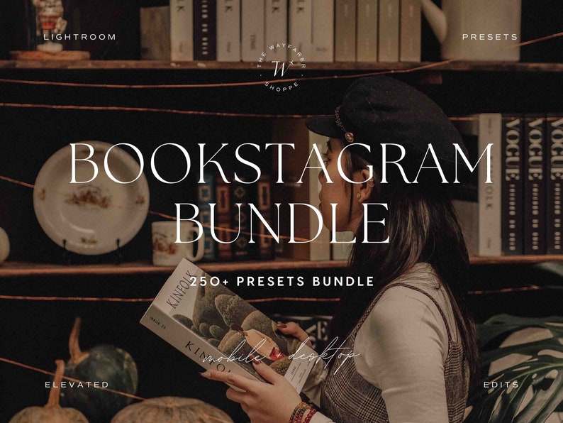 May include: Image of a person holding a book with the text "KINFOLK" and the words "BOOKSTAGRAM BUNDLE" in large white letters. The image also includes the text "250+ PRESETS BUNDLE", "LIGHTROOM", "PRESETS", "ELEVATED", "EDITS", "mobile desktop".