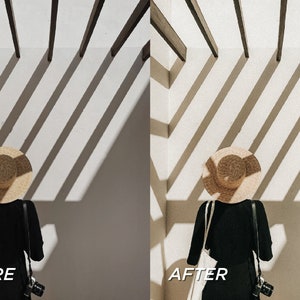 May include: A person wearing a straw hat and black dress, with a white tote bag and camera. The image is split, with "BEFORE" and "AFTER" text, showing a color adjustment. Overhead, shadows from wooden beams create a striped pattern.