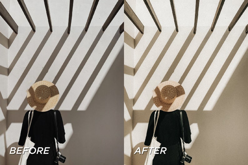 May include: A person wearing a straw hat and black dress, with a white tote bag and camera. The image is split, with "BEFORE" and "AFTER" text, showing a color adjustment. Overhead, shadows from wooden beams create a striped pattern.