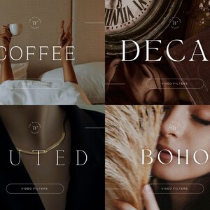 May include: Four different video filter presets for Instagram or TikTok. The presets are called "Coffee", "Decaf", "Muted", and "Boho".