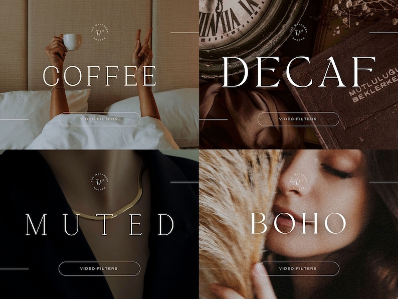 May include: Four different video filter presets for Instagram or TikTok. The presets are called "Coffee", "Decaf", "Muted", and "Boho".