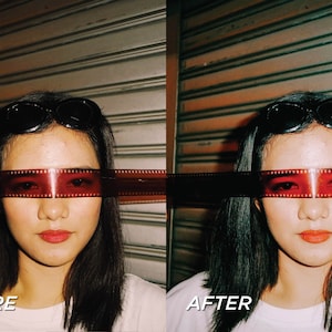 May include: A woman with black sunglasses and a strip of red film over her eyes. The image is split into two sections, labeled "BEFORE" and "AFTER", showing a photo editing effect. The woman is wearing a white shirt.