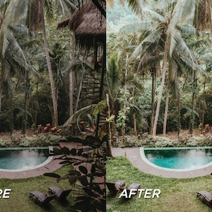 Op de afbeelding: Een gesplitste afbeelding met een tropische resortomgeving. De linkerkant toont een 'VOOR'-afbeelding, terwijl de rechterkant een 'NA'-afbeelding toont. Een turquoise zwembad is omgeven door weelderig groen, palmbomen en ligstoelen. Een wenteltrap en een rieten dakconstructie zijn zichtbaar.