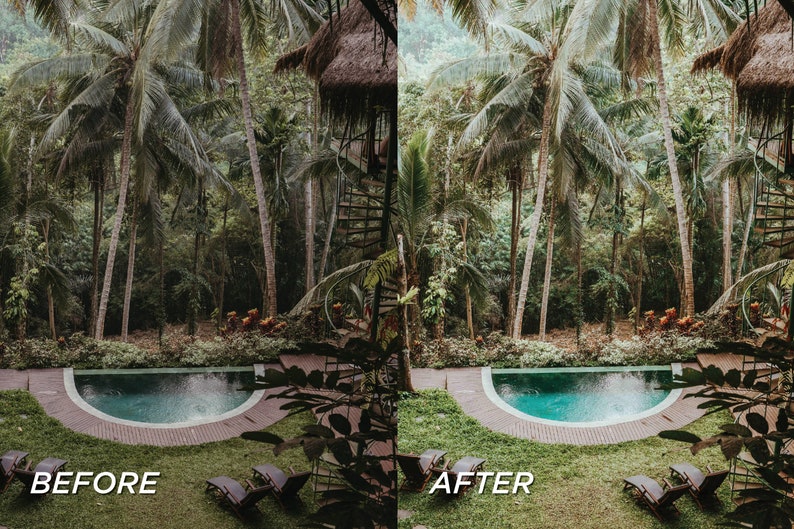 Op de afbeelding: Een gesplitste afbeelding met een tropische resortomgeving. De linkerkant toont een 'VOOR'-afbeelding, terwijl de rechterkant een 'NA'-afbeelding toont. Een turquoise zwembad is omgeven door weelderig groen, palmbomen en ligstoelen. Een wenteltrap en een rieten dakconstructie zijn zichtbaar.