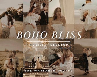 Op de afbeelding: Een collage van romantische foto's met een bohemian thema. De afbeeldingen tonen stellen in buitenomgevingen, gekleed in vloeiende witte jurken en shirts. Tekst op de afbeelding luidt "BOHO BLISS" en "MOBILE + DESKTOP". The Wayfarer Shoppe wordt ook vermeld.