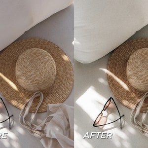 May include: A straw sun hat with a wide brim sits on a light-colored surface, next to a tote bag and sunglasses. The image is split, with the text "BEFORE" and "AFTER" on either side, showing a before and after photo edit.