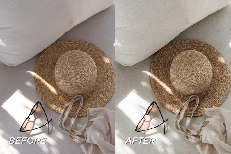 May include: A straw sun hat with a wide brim sits on a light-colored surface, next to a tote bag and sunglasses. The image is split, with the text "BEFORE" and "AFTER" on either side, showing a before and after photo edit.