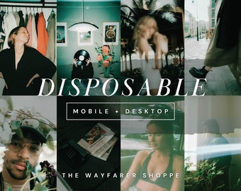 Könnte beinhalten: Ein Collage-Stil-Bild mit Vintage-Ästhetik. Das Wort "DISPOSABLE" ist prominent dargestellt. Das Bild enthält verschiedene Lifestyle-Aufnahmen, wie eine Person, die eine Schallplatte hält, sowie den Text "MOBILE + DESKTOP" und "THE WAYFARER SHOPPE".