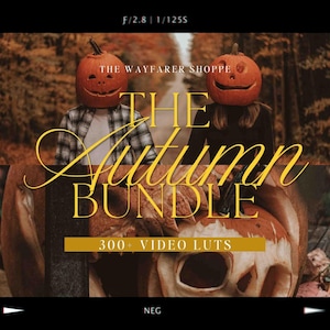 May include: A digital product advertisement titled THE AUTUMN BUNDLE 300+ VIDEO LUTS featuring two figures with carved orange pumpkin heads standing on a road in a forest. The text THE WAYFARER SHOPPE is displayed above the main title in a film frame border.