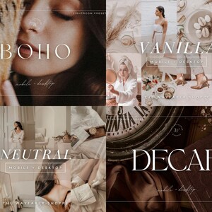 May include: A collage of images with a neutral, bohemian aesthetic. The text overlays include "BOHO," "VANILLA," "NEUTRAL," and "DECAF," each with "mobile + desktop" below. The images feature lifestyle scenes, suggesting a collection of Lightroom presets for photo editing.