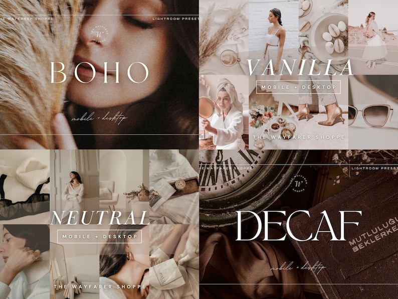 May include: A collage of images with a neutral, bohemian aesthetic. The text overlays include "BOHO," "VANILLA," "NEUTRAL," and "DECAF," each with "mobile + desktop" below. The images feature lifestyle scenes, suggesting a collection of Lightroom presets for photo editing.