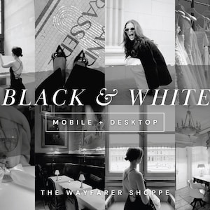 May include: A black and white collage featuring various scenes, including a woman in a black dress, a bust, a row of dresses, and restaurant interiors. The text "BLACK & WHITE" and "MOBILE + DESKTOP" are also present. The Wayfarer Shoppe is also mentioned.