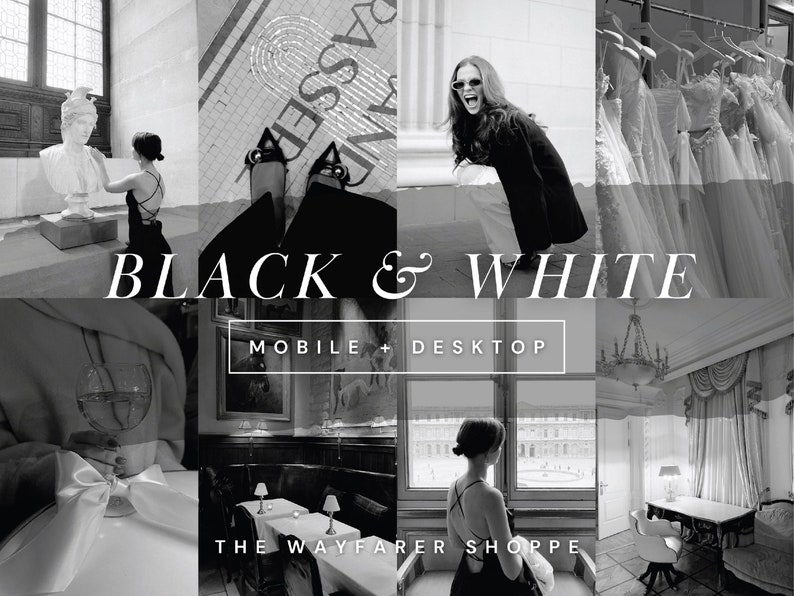May include: A black and white collage featuring various scenes, including a woman in a black dress, a bust, a row of dresses, and restaurant interiors. The text "BLACK & WHITE" and "MOBILE + DESKTOP" are also present. The Wayfarer Shoppe is also mentioned.