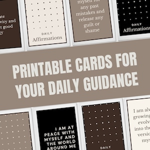 May include: Printable cards with black and white polka dot patterns and inspirational text. The text includes phrases like "I am at peace with myself and the world around me" and "I am always growing, evolving into the version of myself I am meant to be".